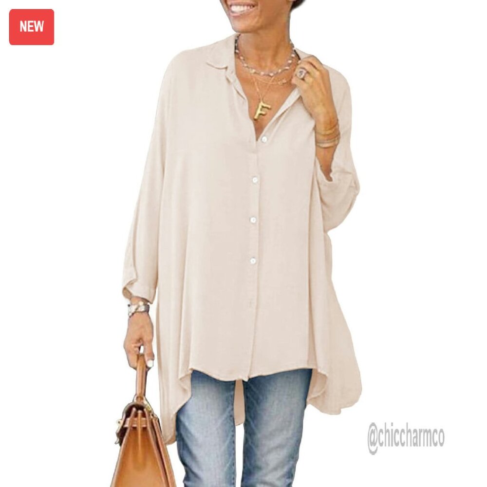 Oversized Button Down Long Sleeve Blouse Loose Flowy V Neck Tunic Top